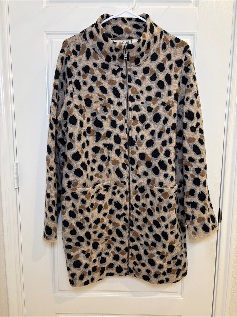 Fiel Flower 100% Wool Leopard Print Zip Cardigan Jacket XL